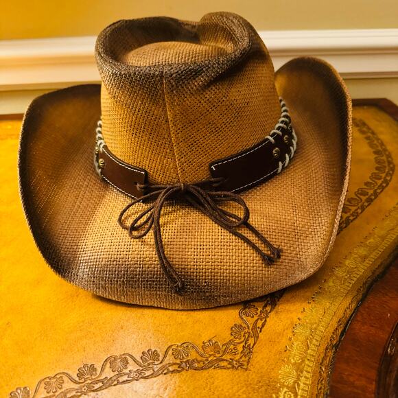 Paper Straw Brown Cowboy Hat with Star Leather Laced Band NEW - Picture 9 of 10